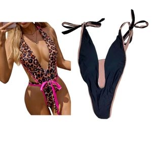 Sexy Monokini Deep V One Piece Semi Thong Bikini Backless Cheeky Swimwear NWOT